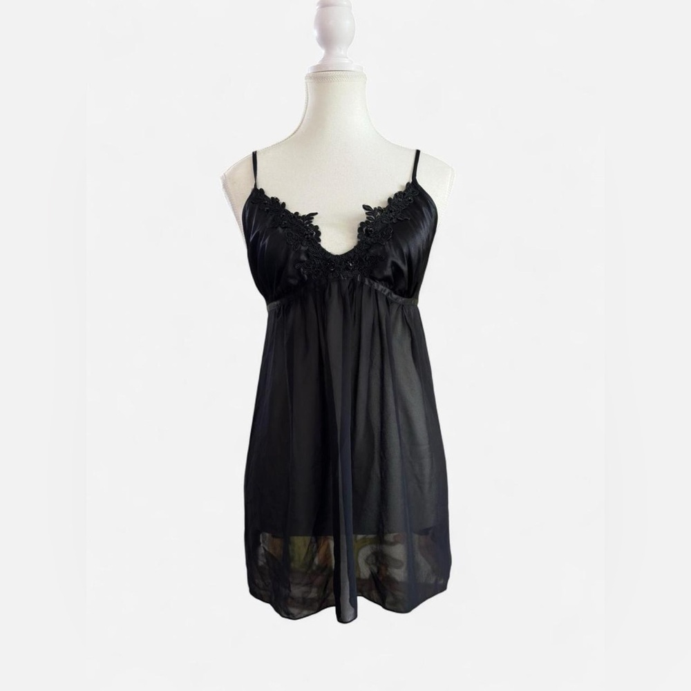 Intimo Donatella Black Lace Trim Sheer Babydoll Top Size Large